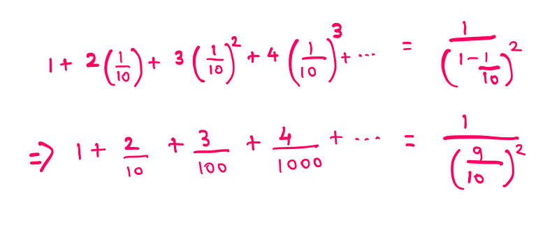 Why is 9² special? — 1+2/10+3/100+4/1000+…=1/(9/10)²