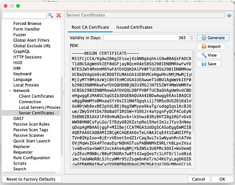 Screenshot of the Server Certificates option screen to generate and install a Root CA Certificate