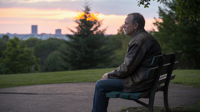 A solitary figure sitting on a park bench, looking thoughtful, surrounded by trees with sunlight filtering through the leaves.