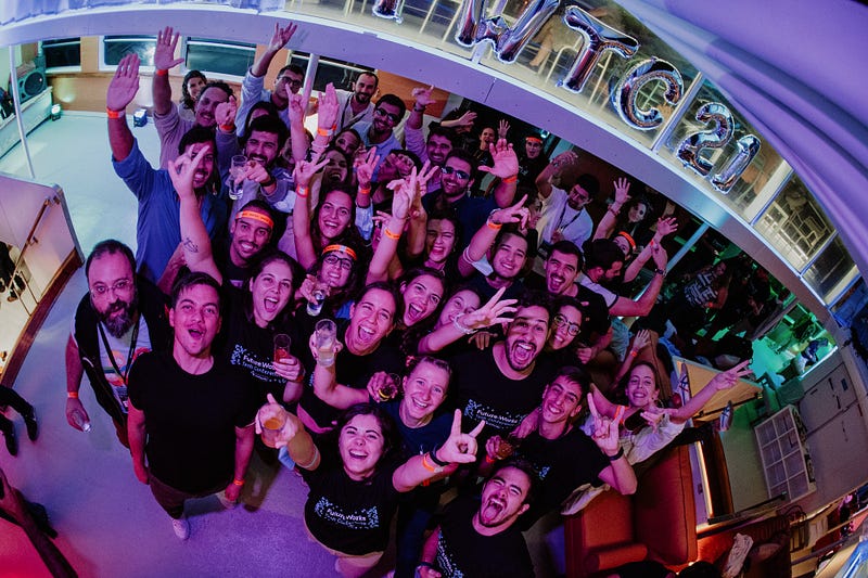 Fish eye picture from a group of people partying (Landing.Jobs Team)