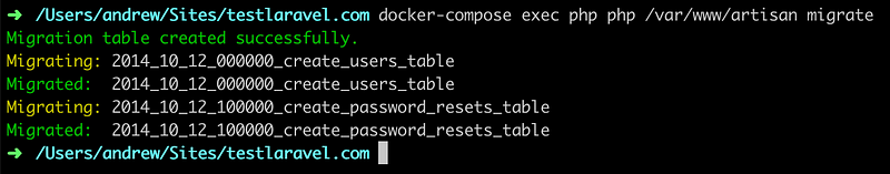 Screenshot of a terminal after running a docker-compose migrate command
