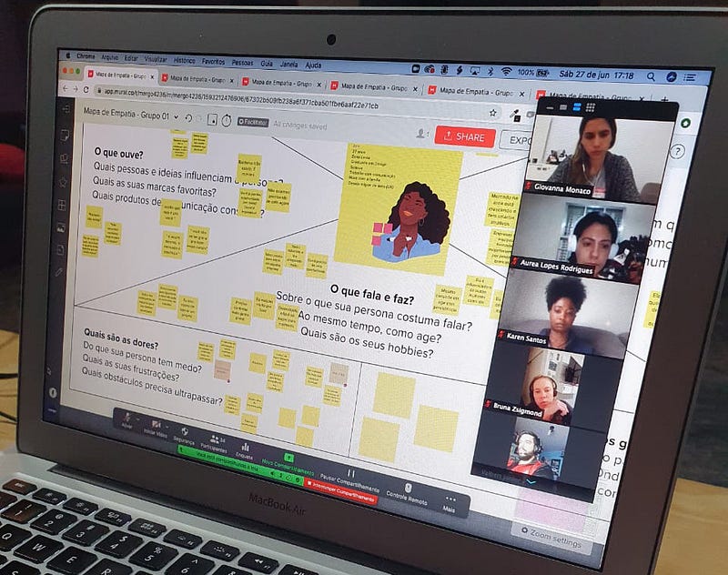 Notebook em uma mesa durante uma vídeo conferência com uma tela compartilha no exercício de criação de um Mapa de Empatia.