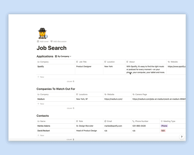 Job search template broken down into spreadsheets for companies, contacts, and resources.