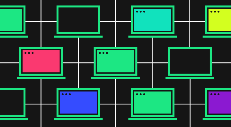 Multicolored, interconnected, computer displays.