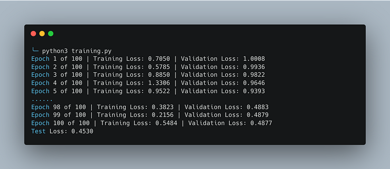 This image shows a terminal window with output from a Python script named training.py, which is running a machine-learning model training session. The output displays a log of training and validation loss values over 100 epochs. The first few epochs are shown in detail, with the training loss starting at 0.7050 and the validation loss at 1.0008 for the first epoch. The losses fluctuate, with the training loss peaking at 1.3306 during the fourth epoch.