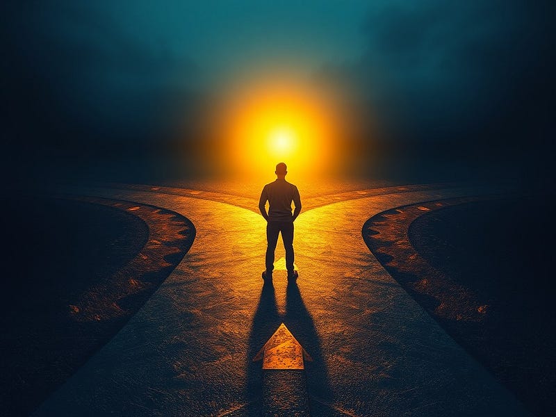 A person standing at a crossroads. One path is brightly lit, symbolizing action and progress, while the others fade into darkness, representing procrastination and missed opportunities.
