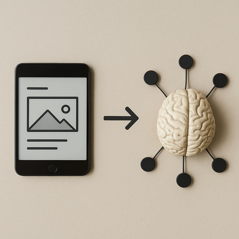 A conceptual photograph showing a tablet on the left and a brain model with connected nodes on the right, symbolizing the shift from screen-focused design to intelligent systems.