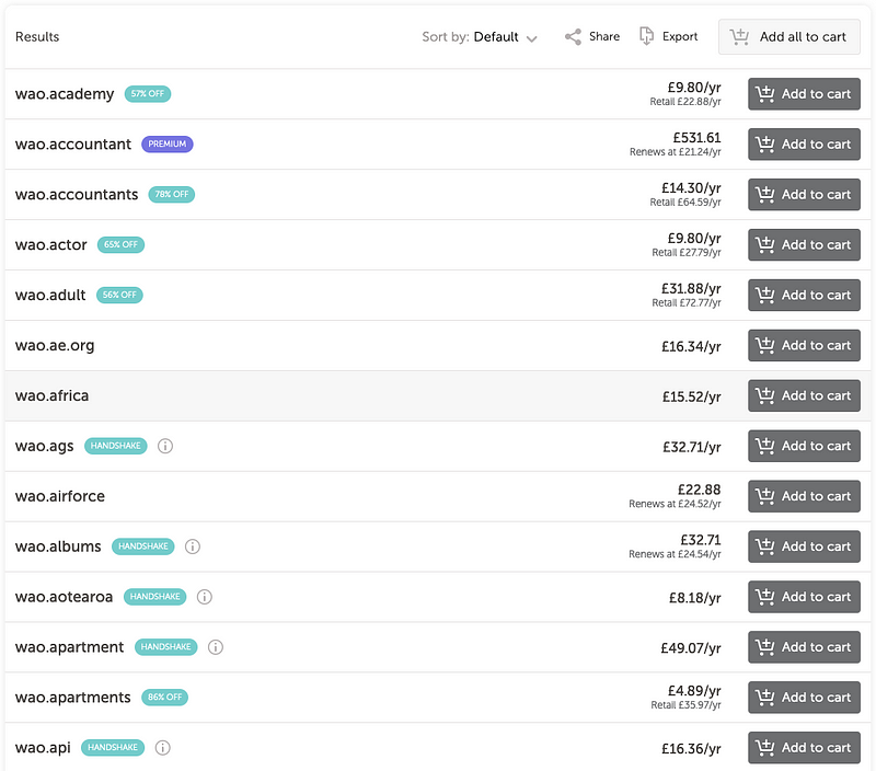 Screenshot of a website showing the first few items on an alphabetical list of available wao domains