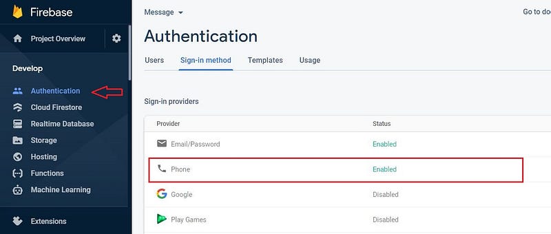 Enable Firebase Phone Authentication from the console