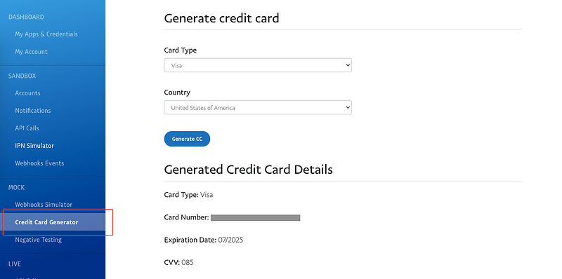 Generate a new sandbox credit card for PayPal payments