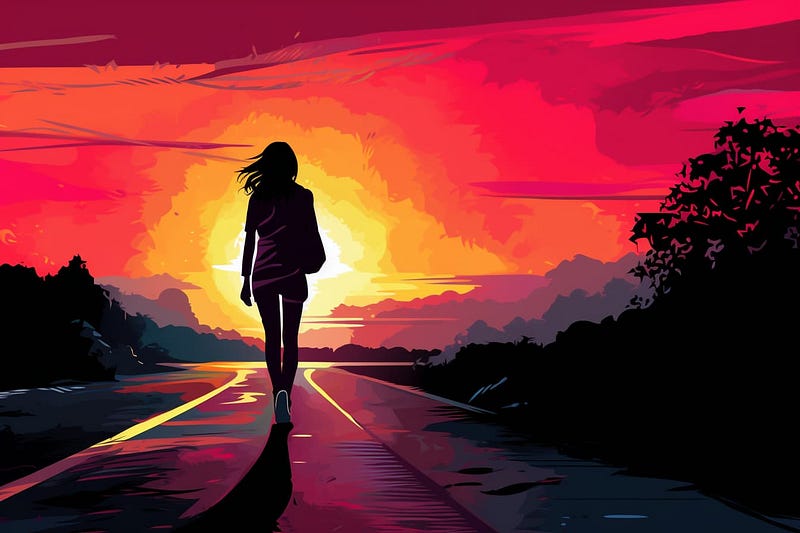 Pop art illustration, silhouette of a woman walking along a road at sunset