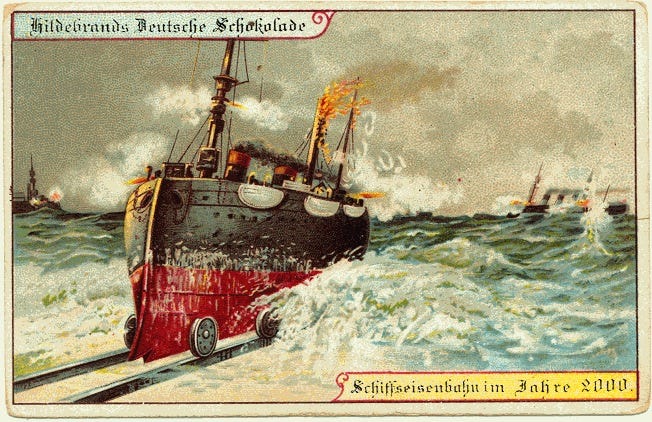 Image of a postcard trying from victorian Germany in 1900 trying to predict the future year 2000. A ship is seen to be driving on rails laid underwanter near a shore.