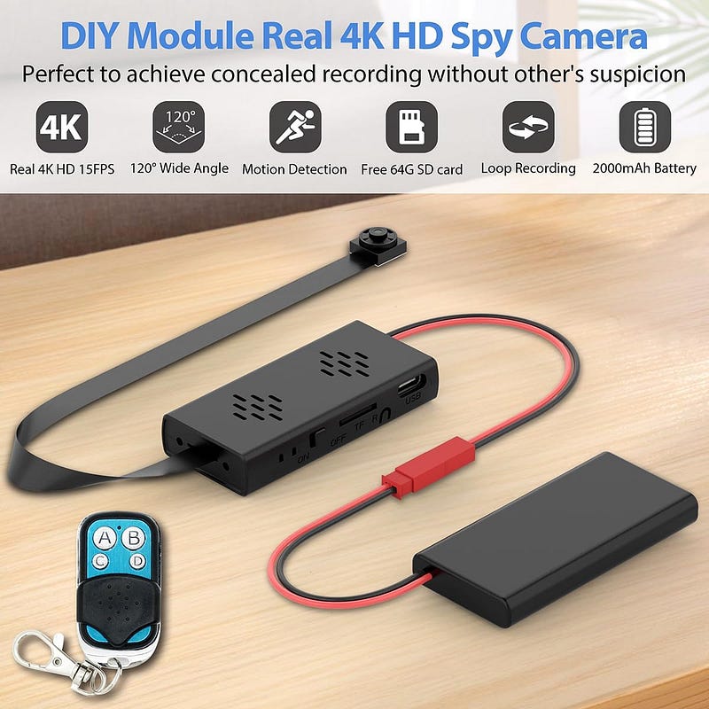 Full 4K HD Mini Hidden Camera, DIY Module Tiny Spy Wireless Remote Control Small Nanny Cam with Free 64G SD Card, Smart Home Surveillance Equipment for Security(No Need Wi-Fi)