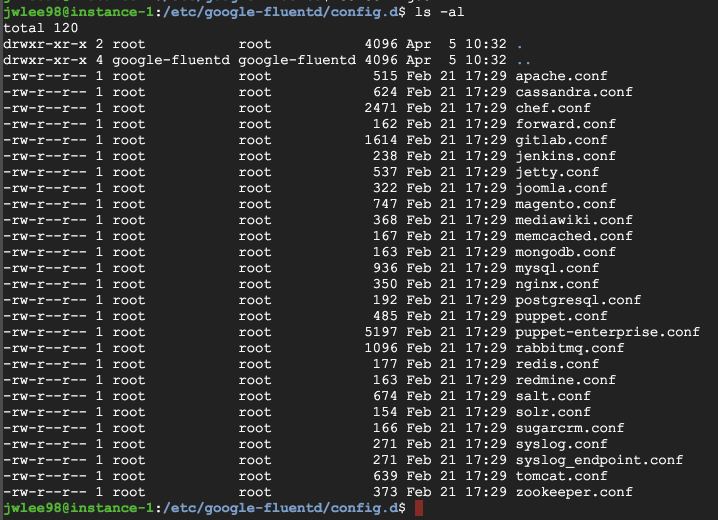 img(https://cdn-images-1.medium.com/max/800/0*GLVxGU4raToxzm51.)
참고로 Stackdriver logging agent 설치후에 /etc/google-fluentd/config.d 폴더를 보시면 하단과 같이 fluentd 관련 설정 파일들을 확인 가능합니다. 이를 다시 말하면 필요한 경우 원하는 형태로 로그 포멧을 수정 가능하다는 것입니다.
![img