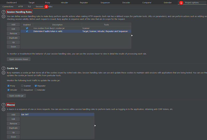 Location of Session Handling Rules and Macros inside Burp Suite