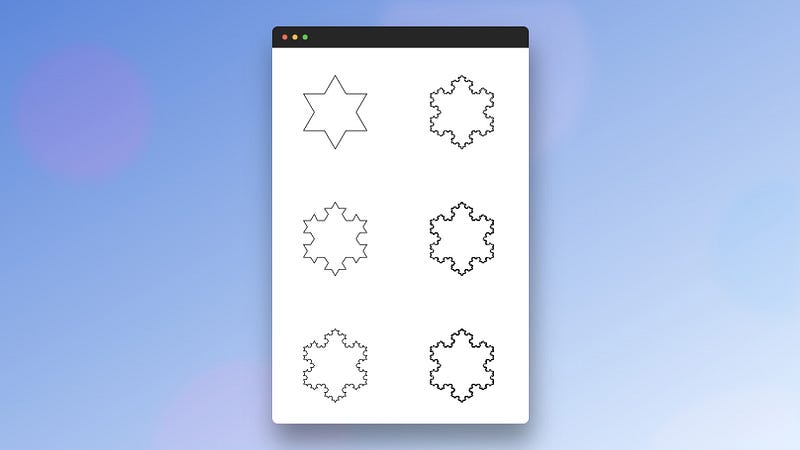 A screenshot of 6 Koch Snowflakes with depths ranging from 1 to 6, each increase in depth increases the detail.