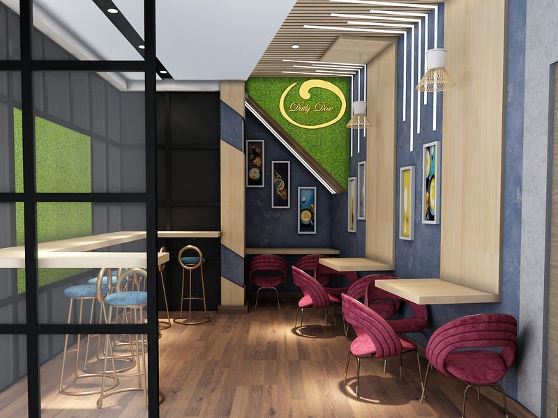 This modern cafe interior designed by ArchitectsHive showcases a stylish and inviting dining space with contemporary seating, wooden flooring, and creative ceiling lighting. The design features elegant wall decor, soft ambient lighting, and vibrant seating that enhances the overall atmosphere of the café. A green accent wall with branding adds freshness to the space, while glass partitions create a modern and open layout.