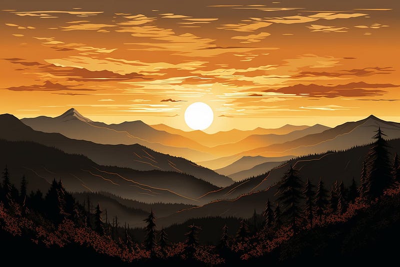 pop art illustration of the sun rise over mountains and the valley at sunrise