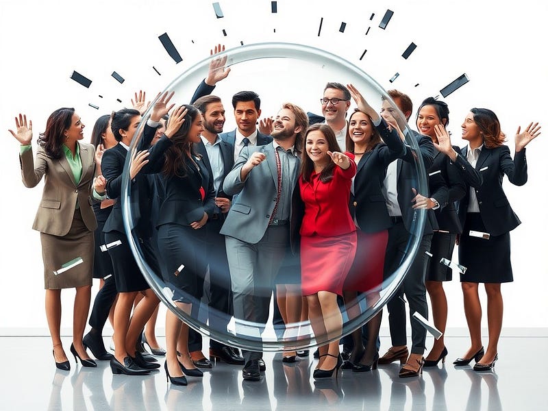 A diverse group of professionals breaking through a mirror-like bubble, symbolising breaking free from groupthink.