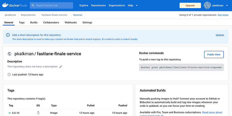 A screenshot that shows the Docker image of Fastlane Finale Service in Docker Hub.