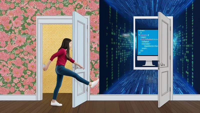 A girl leaving content writing and entering the world of technical writing through the door