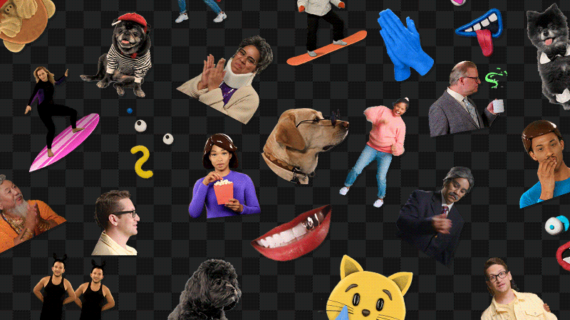 An animated collage of stickers featuring a dog, lips and tongue licking teeth, a surfer, and other random emojis, encompassing GIPHY’s branding.