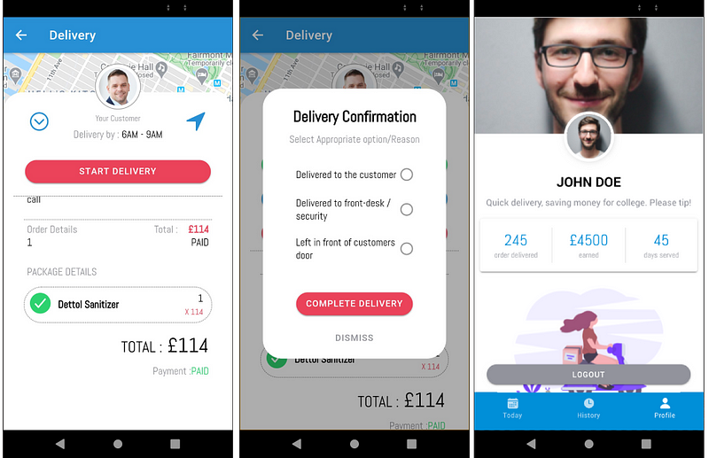 Delivery details, delivery confirmation and profile pages of Ionic Grocery Delivery person app — Ionic Grocery Delivery Platform