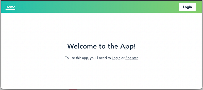 Show the home screen of the app that shows a welcome message and two links, one for login and another for registering a new user.