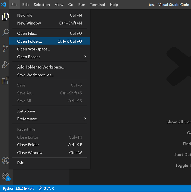 Open folder in visual studio code