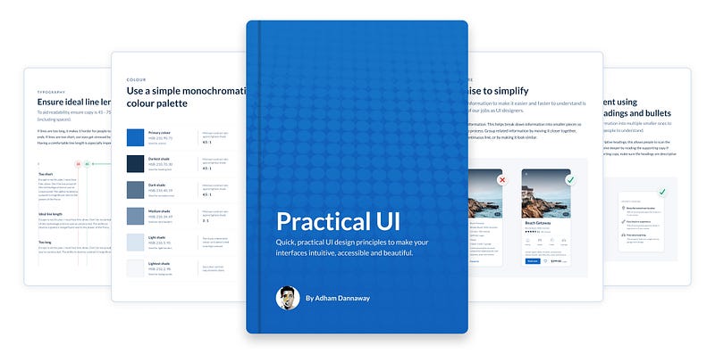 UI design book cover with a few example inner pages.