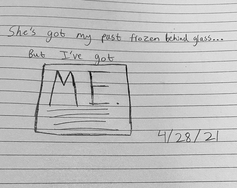 Handwritten journal entry with the text “She’s got my past frozen behind glass … But I’ve got me.”