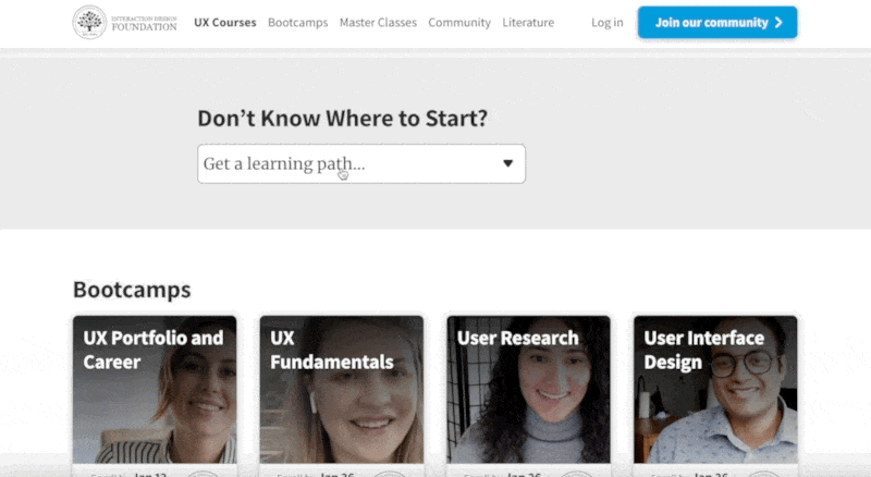 Video of the IxDF learning paths, you choose a specific path and then you can see all the courses related to it.