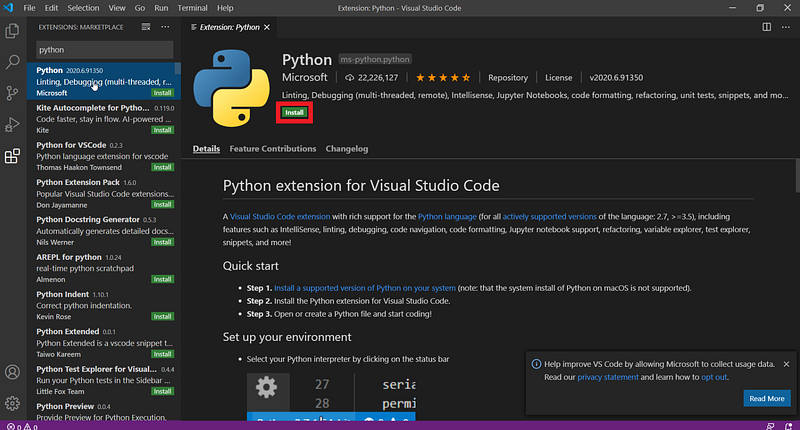 Install python extension for visual studio code