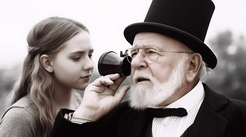 An older man is holding an ear trumpet against his ear to hear the young woman standing beside him.