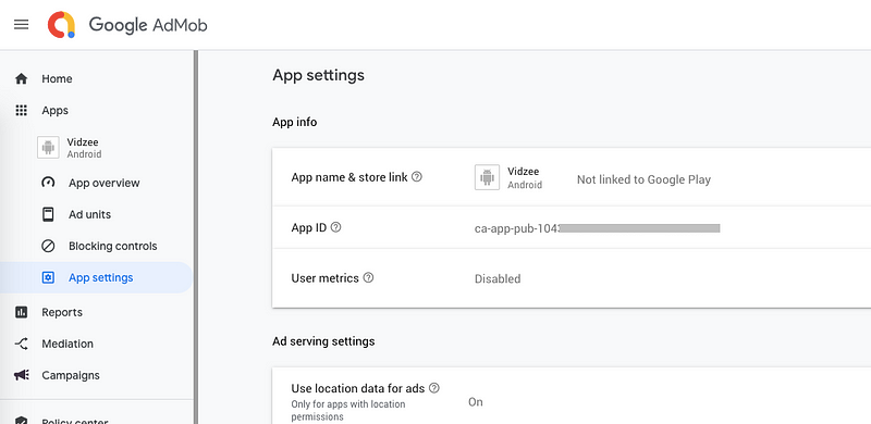 Note down your App ID from App Setting in Google AdMob