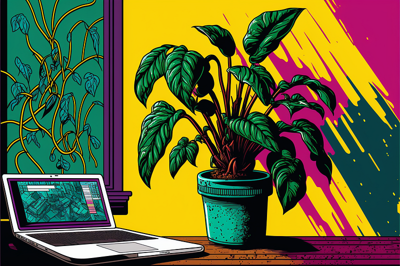 Pop art image of a large plant next to a small computer