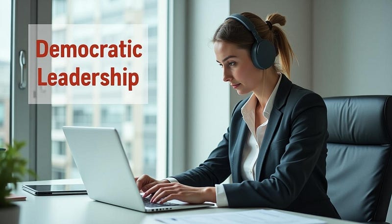 A businesswoman sitting behind her desk using her laptop and wearing headphones. To the left of the image are the large, bold words “Democratic Leadership.”