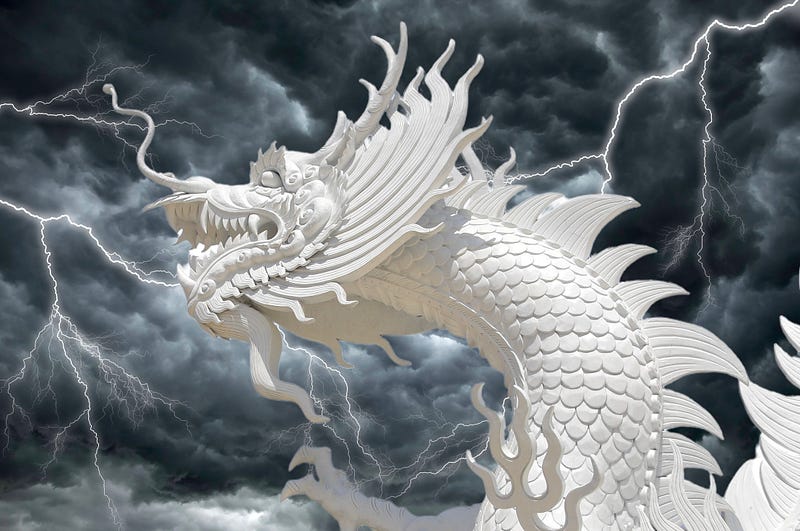 Dragon against a stormy sky.