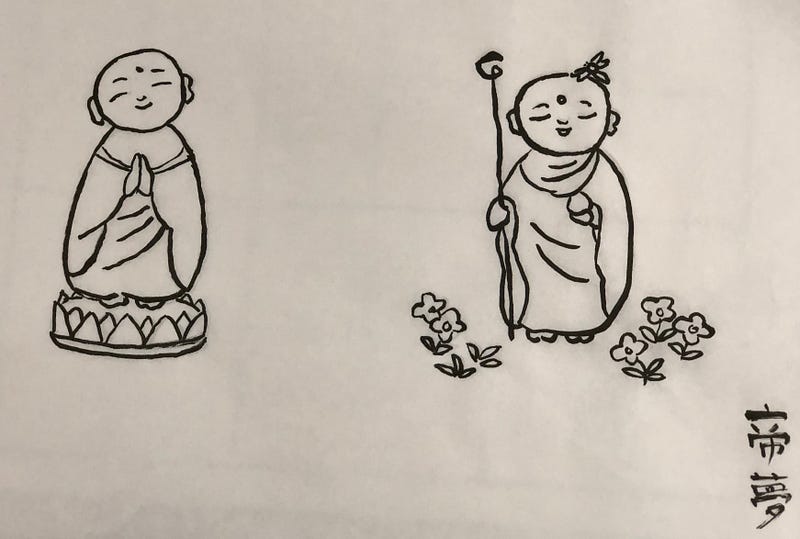 Pictures of Buddha copied on white paper during ‘Shabutsu’ Buddha copying at Zenpoji Temple in Tsuruoka City