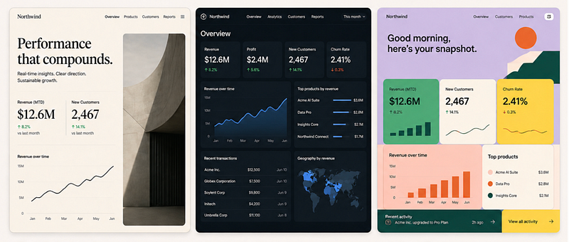 Three dashboard UI styles side by side for a product called Northwind: a minimal light layout with large typography and imagery, a dark analytics-focused interface with detailed charts and data, and a colorful modular dashboard with card-based metrics and visual highlights.