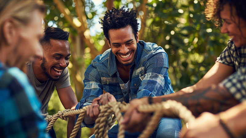 a photograph of a diverse group of employees participating in a team-building activity outdoors