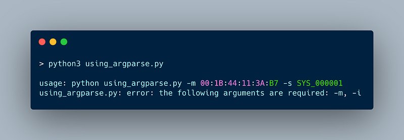 Shows the result of running the script when implemented with argparse