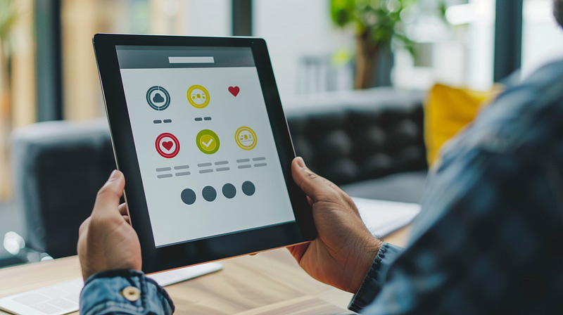 a manager conducting an employee satisfaction survey on a digital tablet with an employee