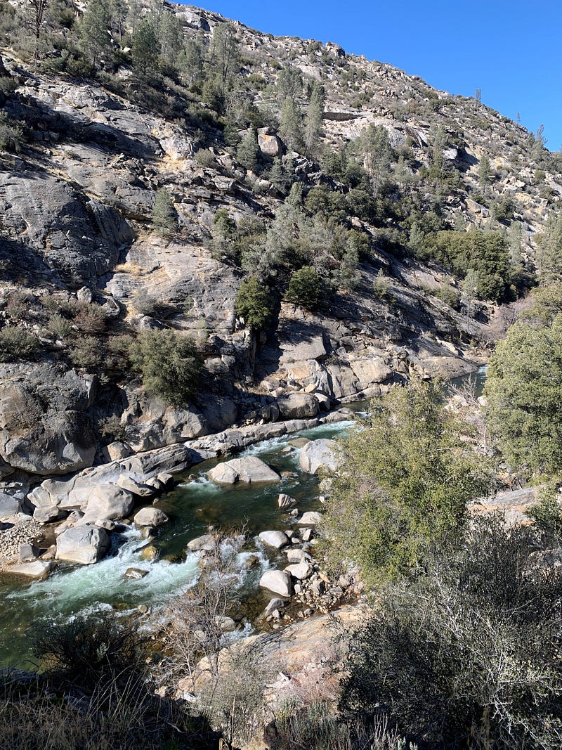 Casting memories Fly fishing: river and mountains. Scenic river landscape with rocky banks and a bridge in the distance, perfect for a fly fishing adventure
