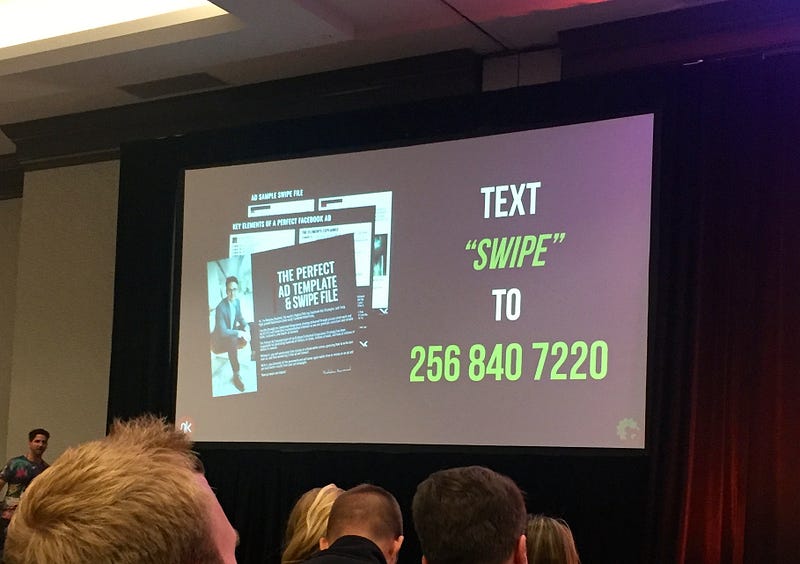 Nicholas Kusmich Anatomy of a perfect facebook Ad Text "Swipe" slide from Traffic and Conversion Summit 2017