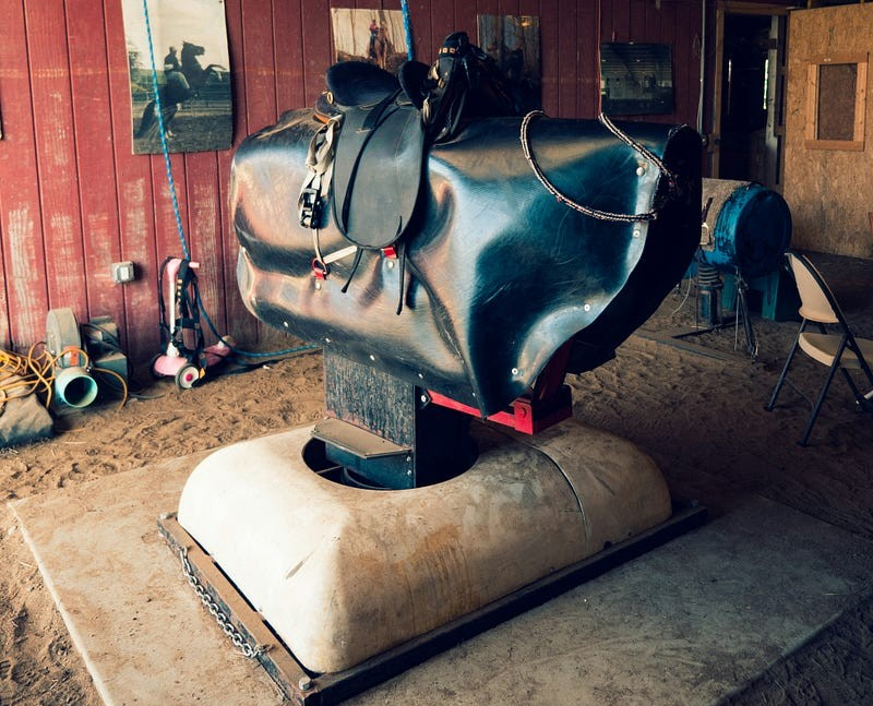 An old mechanical bull sits unused in a barn, made of well-kept black leather. It is fully saddled up.
