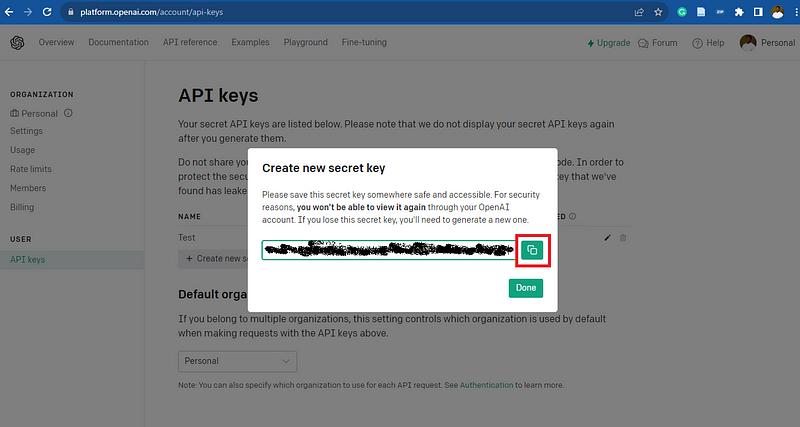 screenshot of API keys in OpenAI
