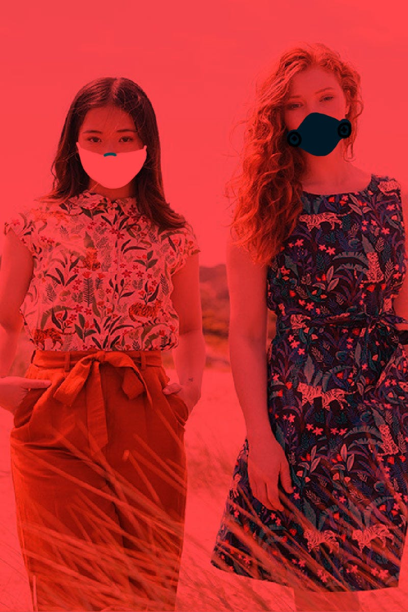 An image from the Princess Highway lookbook of two young women, crudely photoshopped with facemasks and a red sky