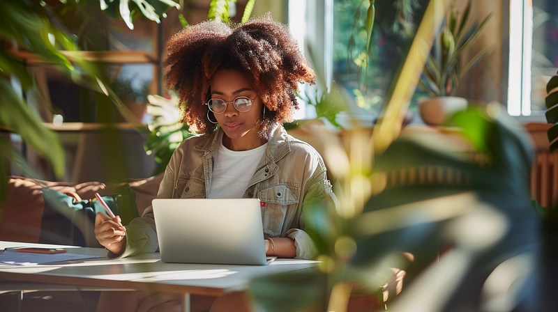 a female reading an article on Macbook and writing review on iPhone