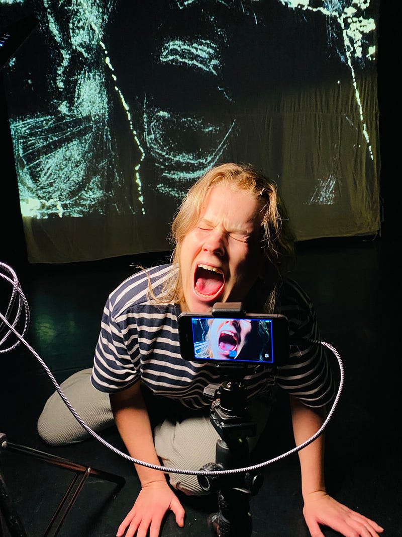 A female dancer crouches on the floor showing  a silent scream. Her open mouth is visible on a video camera and in turn the image is projected behind her on to a screen.
